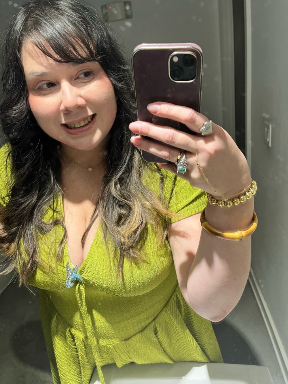 Lime Green Textured V-Neck Dress with Humming Bird Accent Pin